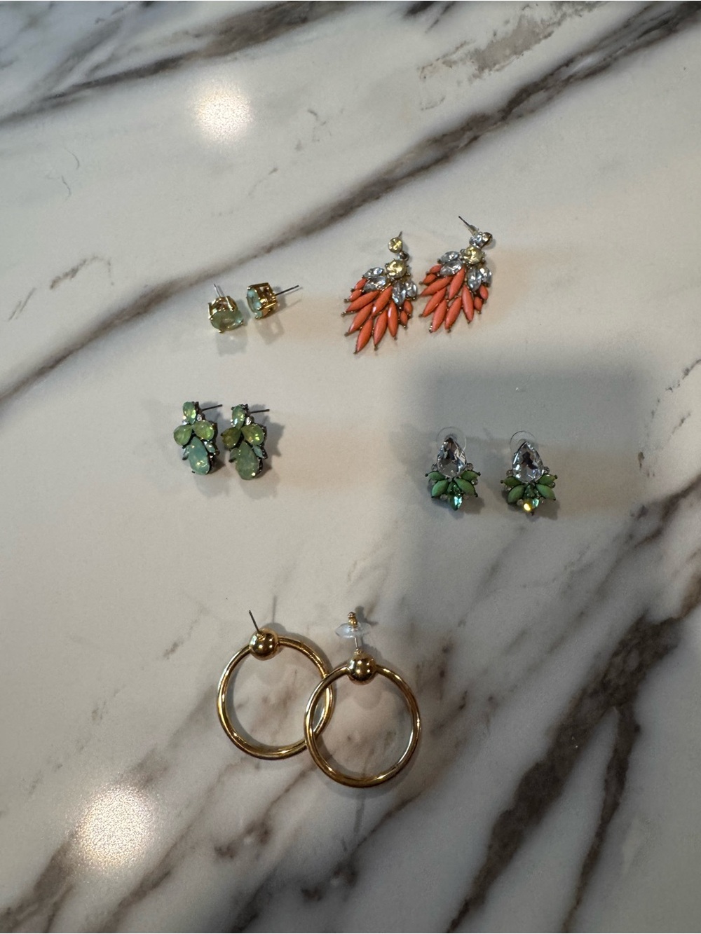 Gold Hoop Earrings/ coral feather/ sea green : lot of 5 pairs shown